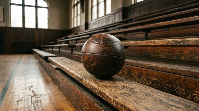Old leather ball resting on gymnasium bleachers