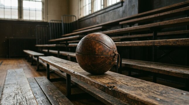 Vintage leather ball on worn wooden bleachers