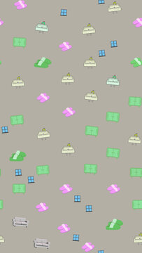 Seamless pattern of cartoon household objects