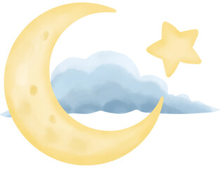 Watercolor illustration of a glowing yellow crescent moon, a golden star, and a soft blue fluffy cloud. © Kunnika