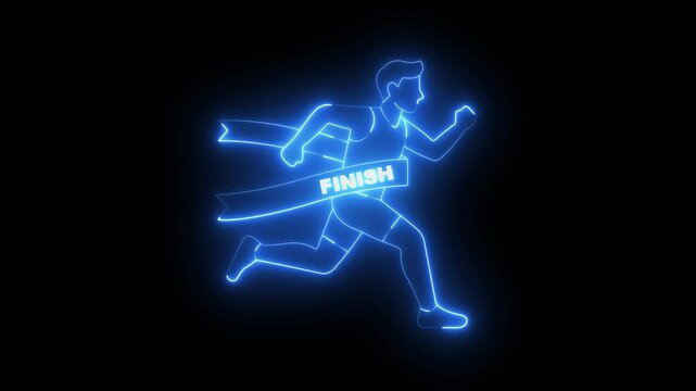 glowing neon Runner crossing finish line ribbons icon isolated on black background. for marathon sports success. 4k video animation.