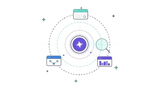 A central star icon expands into diverse data analytics charts and reporting tools.