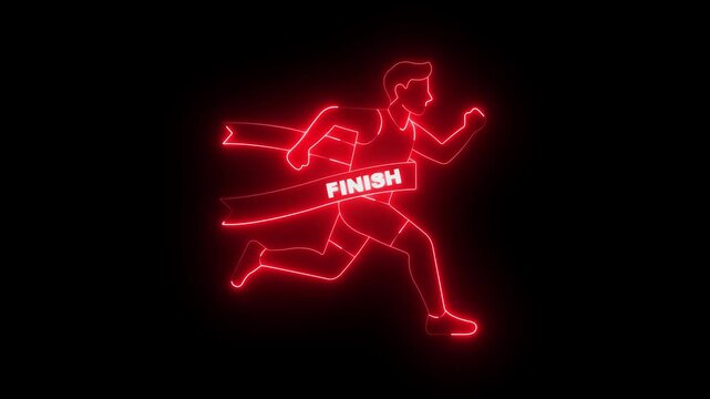glowing neon Runner crossing finish line ribbons icon isolated on black background. for marathon sports success. 4k video animation.