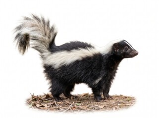 Fototapeta premium Wild striped skunk side profile standing on ground white background