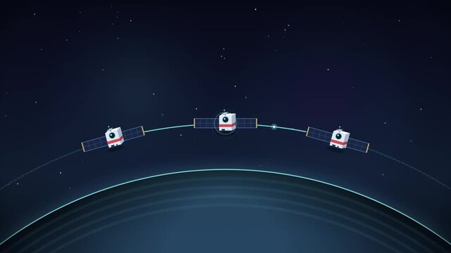 A communication satellite travels in orbit around a planet in deep space.