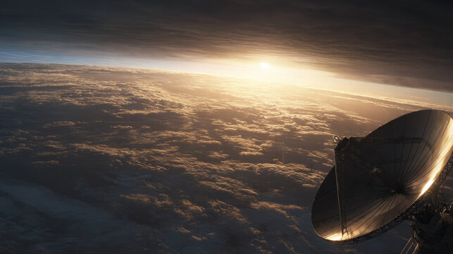 Large satellite dish orbiting Earth in space
