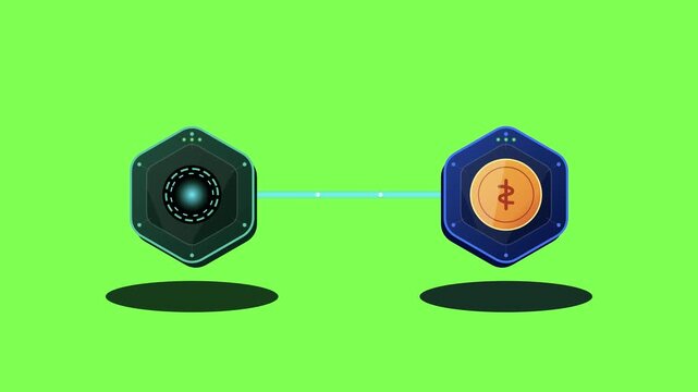 A digital coin transfer sequence connects two hexagonal nodes in a blockchain network.