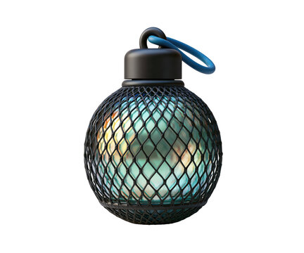 Decorative iridescent sphere inside a black mesh net isolated on transparent background