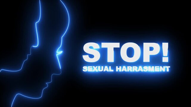 glowing neon stop sexual harassment icon isolated on black background. Violence against women, Abuse, victim of sexual violence. Workplace bullying concept. 4k video animation.