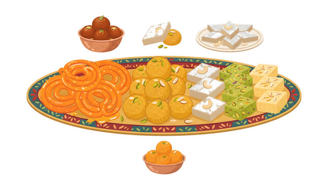 Platter of traditional indian sweets including jalebi, laddu, and barfi with small bowls of treats on a white background