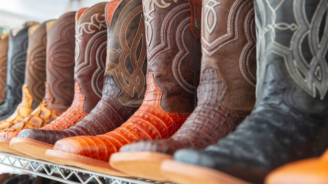 Mexico, Texas United State. Multicolor leather cowboy boots neatly displayed a store shelf.