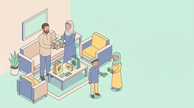 Muslim Family Celebrating Eid With Gifts And Eidi In Isometric Illustration