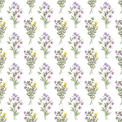 Obraz premium Seamless pattern, floral background, vintage botanical texture with flowers. Perfectly for fabric, wrapped paper, backdrop. Hand drawing.