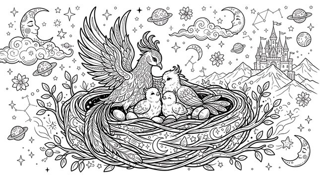 Celestial coloring page featuring a phoenix family in a nest, surrounded by planets, stars, moons, clouds, and a distant mountain castle scene