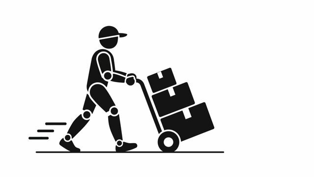 Delivery worker pushing hand truck with boxes black silhouette icon for moving courier and logistics service concept