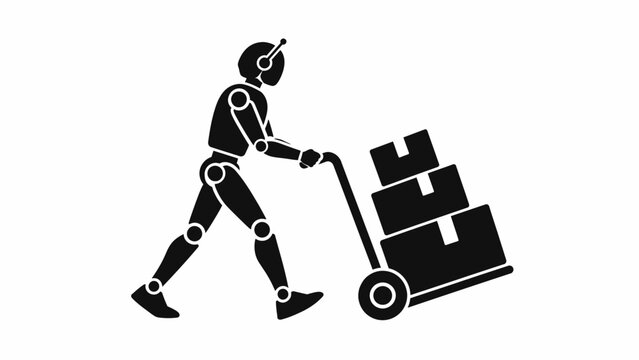 Warehouse automation robot pushing hand truck with boxes silhouette for logistics and supply chain technology concept