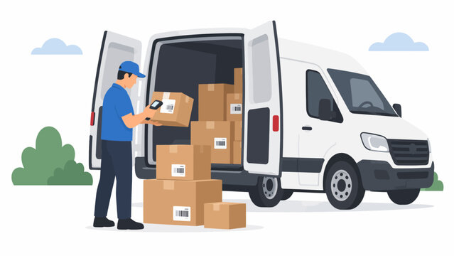 Delivery worker scanning package barcode with handheld device near open cargo van for logistics tracking and e-commerce shipping