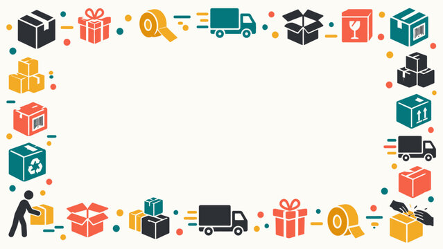 Shipping and delivery e-commerce icon border frame template with colorful cardboard boxes logistics truck and packaging symbols