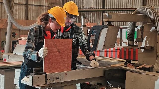 Workers cut wood in a workshop using machinery and protective gear during daylight hours
Two workers are focused on cutting a piece of wood in a workshop. They wear safety helmets and ear protection w