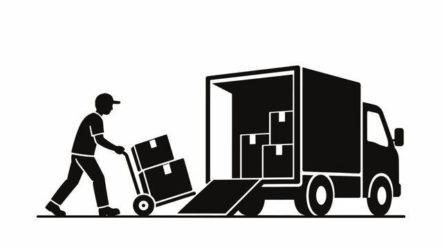 Delivery courier loading truck with hand truck and boxes black silhouette for logistics shipping and moving service