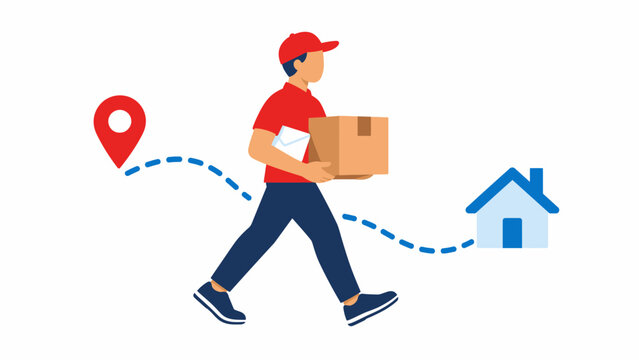 Delivery courier tracking route concept with worker carrying package from map pin to house for e-commerce logistics