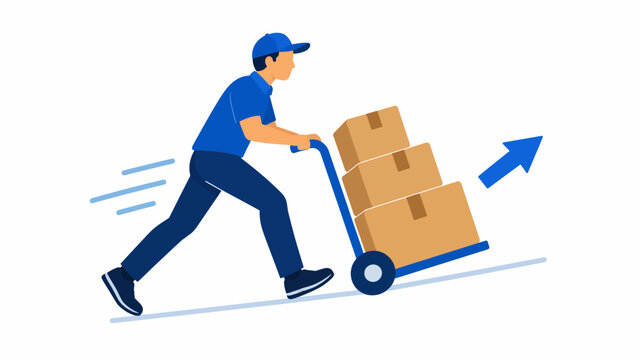 Fast delivery courier pushing hand truck with boxes upward arrow concept for logistics growth and shipping service