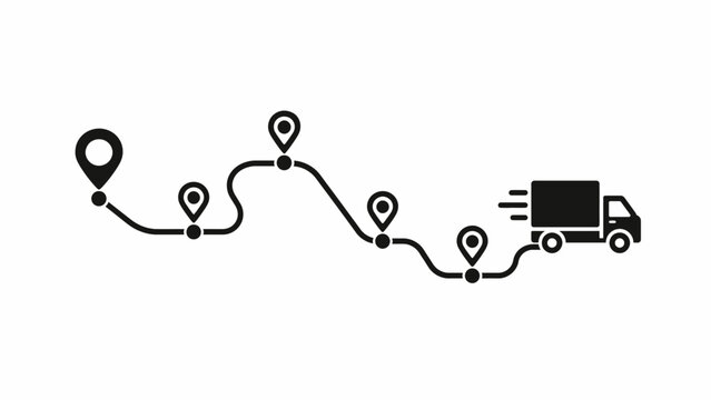 Delivery truck route tracking network with map pins black silhouette icon for logistics and supply chain navigation