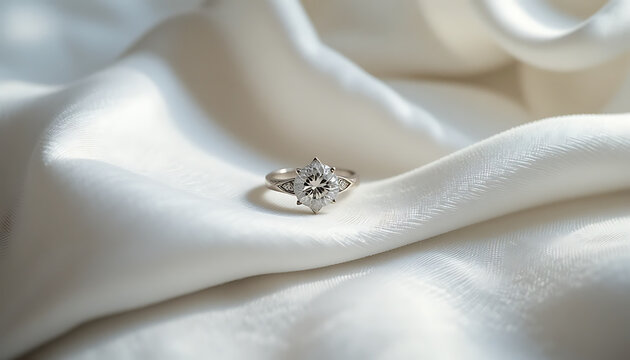 Diamond engagement ring resting on white folded silk fabric
