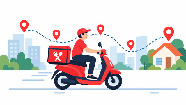 Food delivery scooter courier tracking route concept with map pins navigating through city to customer house