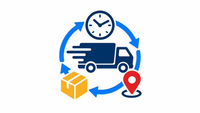 Fast delivery tracking lifecycle icon with truck clock box and map pin for express logistics service