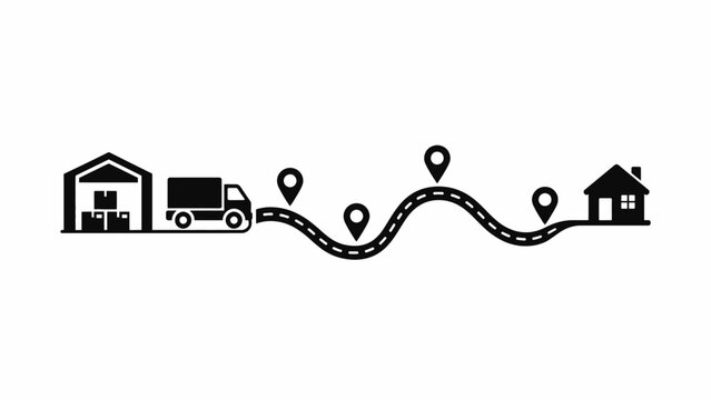 End to end delivery process silhouette tracking route from warehouse to customer house for logistics network concept