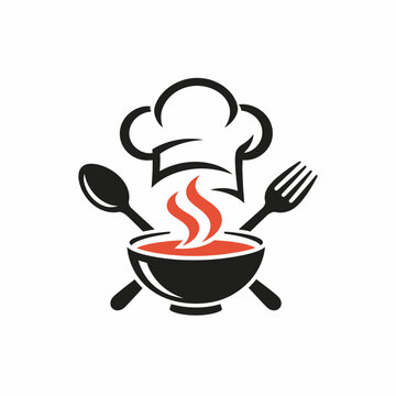 Restaurant menu logo concept with chef hat hot soup bowl spoon and fork vector icon