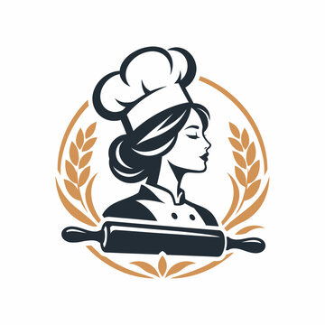 Bakery logo template with elegant female chef profile rolling pin and wheat wreath vector illustration