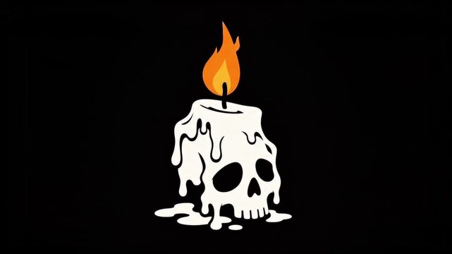 Spooky melting skull candle with flickering flame flat vector seamless loop animation on black background