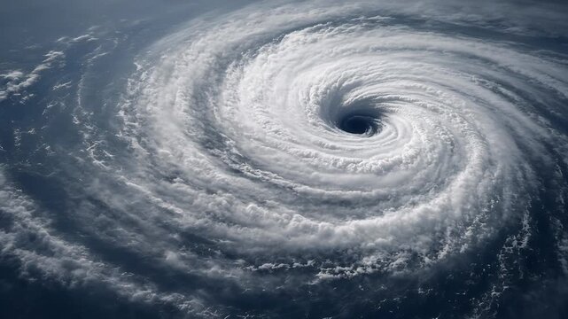 Aerial View of a Powerful Hurricane Showcasing Spiraling Cloud Formation Over the Ocean Surface