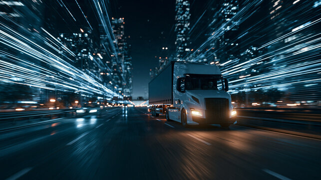 Semi Truck Driving Fast Night Highway City Motion Blur   
