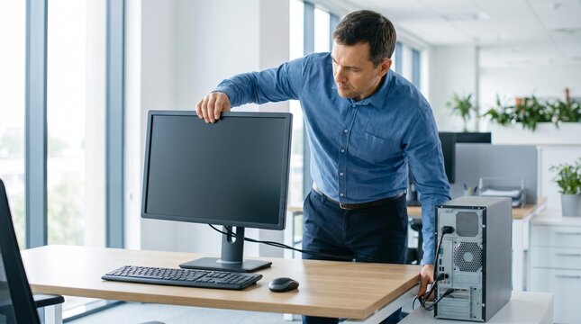 IT Technician Configuring Computer Workstation in Modern Office