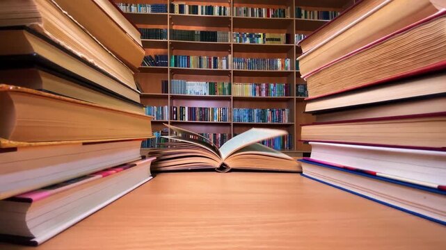 Open book on a wooden desk surrounded by stacks of books in a library