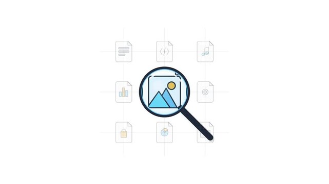 Magnifying glass explores various file types in a digital document management system.