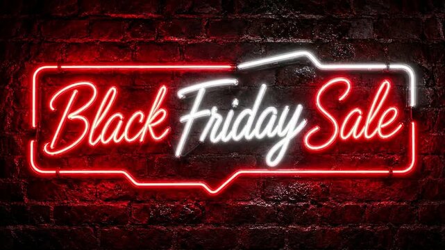 Glowing Red and White Neon Black Friday Sale Banner on Brick Wall