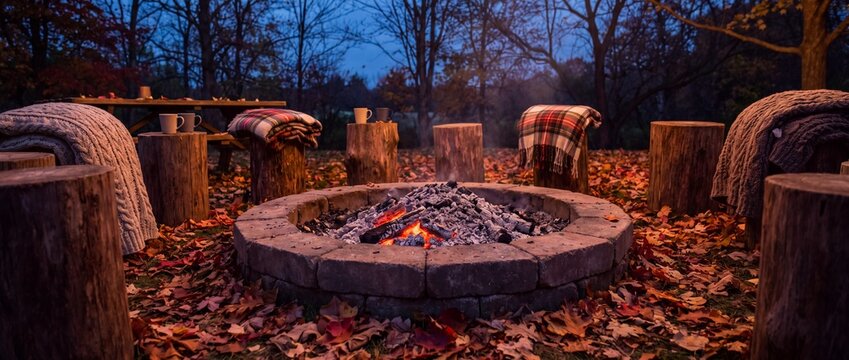 Outdoor campfire pit surrounded by wooden tree stumps, warm blankets, and autumn leaves on transparent background