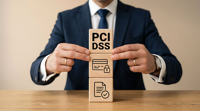Businessman holding wooden blocks with PCI DSS compliance and security icons