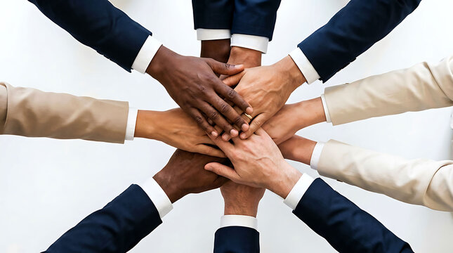 Diverse business team joining hands together in unity and corporate teamwork