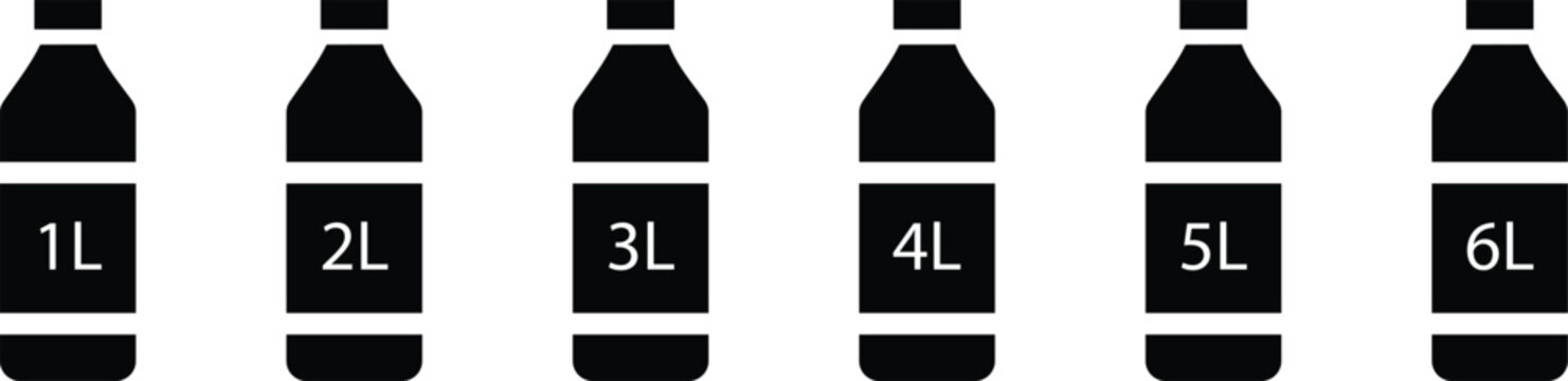 Water Bottle Capacity Icon Set 1L to 6L Liter Measurement Vector Illustration