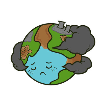 Polluted earth cartoon with factory smokestacks and thick smoke, air pollution and industrial emission illustration on white background