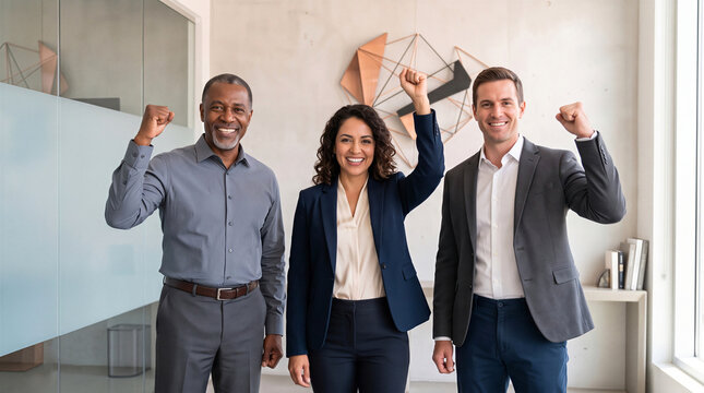 Happy diverse business team celebrating success and cheering with raised fists in a modern corporate office
