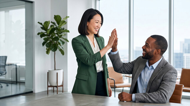 Smiling business team giving a high five to celebrate success in a modern corporate office