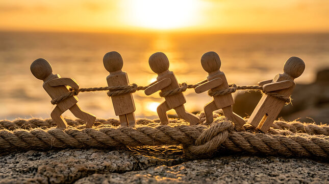 Wooden figures pulling a rope together as a symbol of teamwork and unity