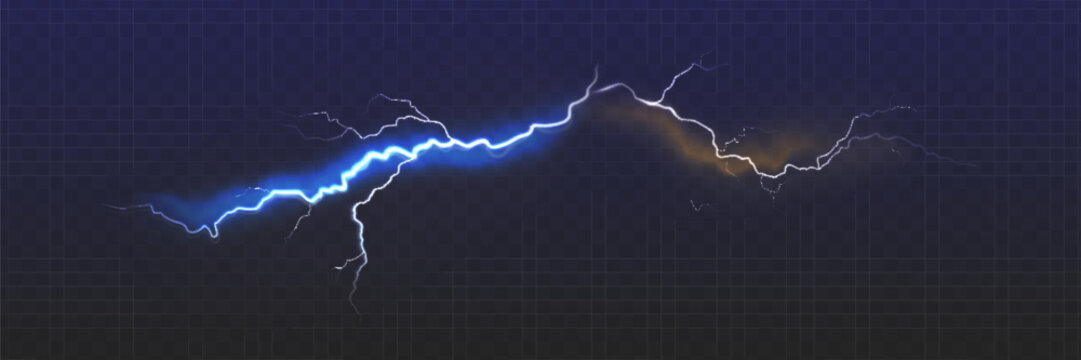 Set of the isolated realistic lightnings with transparency for design. Thunder-storm and lightnings. Magic and bright lighting effects. Natural effects