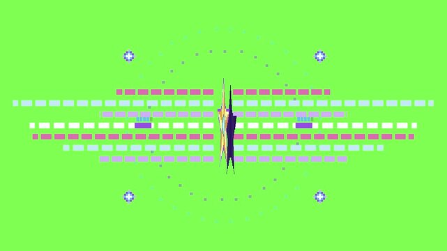 Pixel art style glowing star rotates with digital frequency wave indicators.